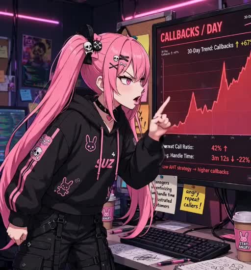 Suz at a call center workstation discussing handle time.